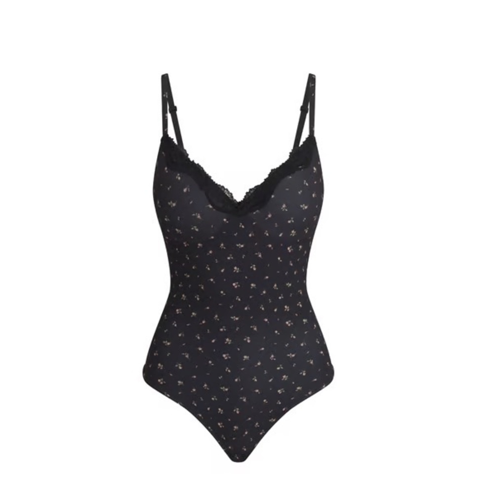 Black Floral Bodysuit with Lace Trim